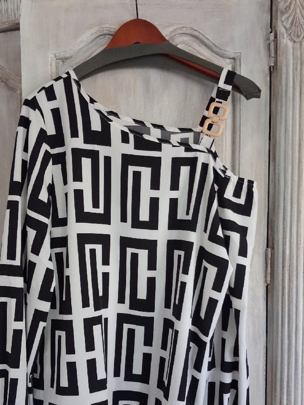 Black & White Geometric One-Shoulder Blouse with Buckle Strap - Picture 3 of 5